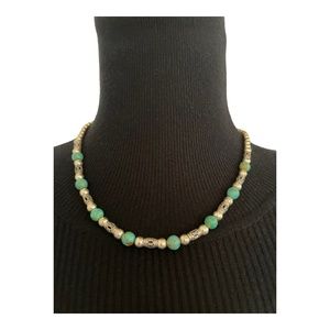 Natural Jadeite stone Silver tone vintage necklace 16" long Vintage